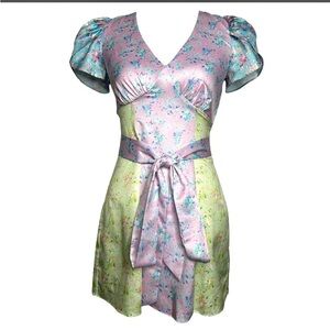 LoveShackFancy Pastel Floral Tie-Waist Mini Dress in Pink, Mint, Blue